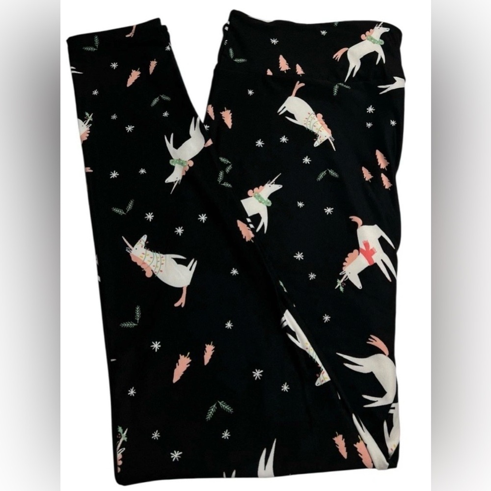 Black Unicorn Print Christmas Leggings - Pink & White Accents